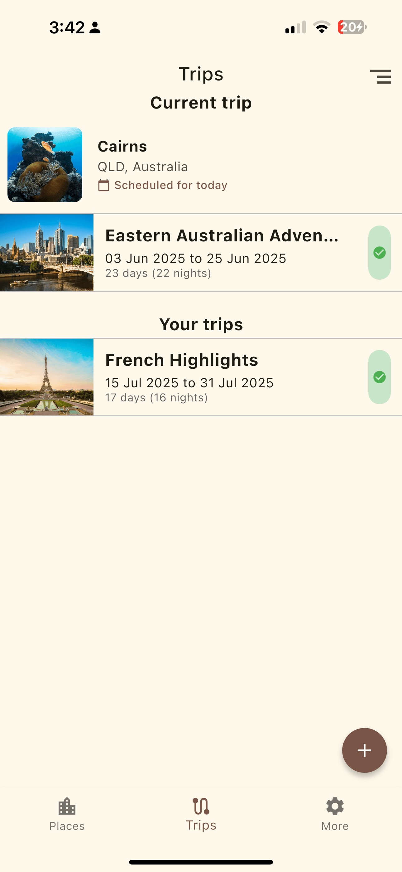 Application trips page screenshot